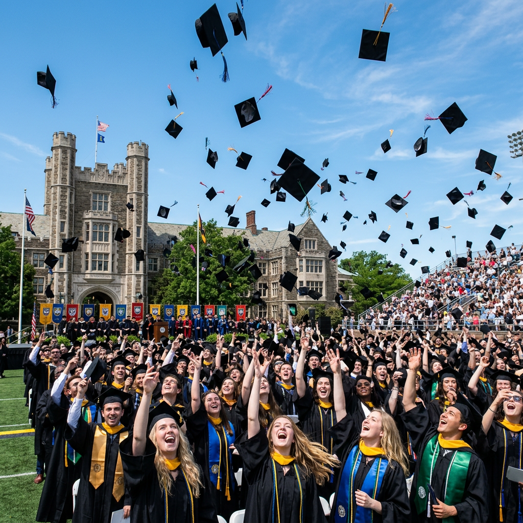 Graduates in black gowns throwing graduation caps in the air outdoors