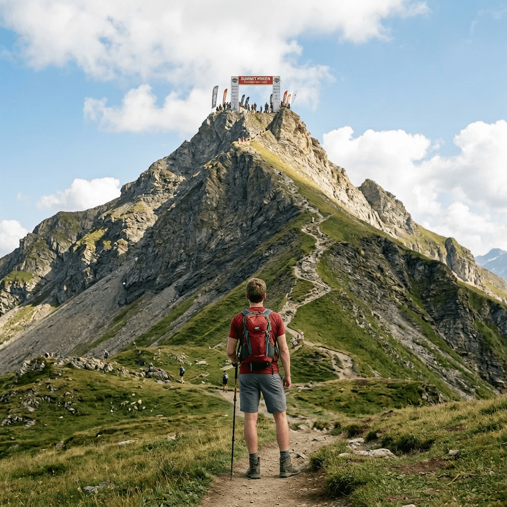 Hiker standing on mountain trail below rocky summit with race finish banner