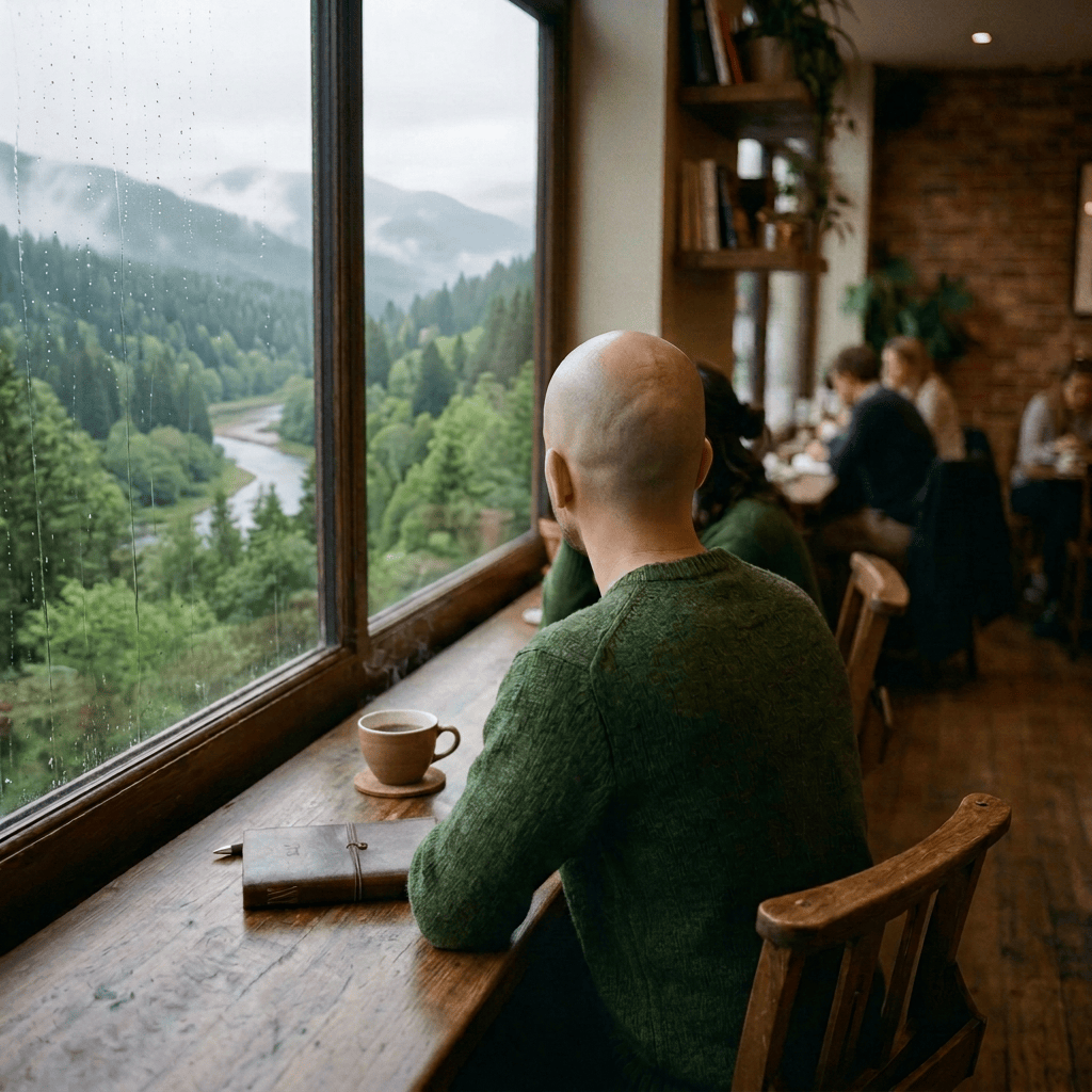 Woman holding coffee by a rain-streaked café window